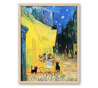 UPWOIGH Arte de pared enmarcado de madera de roble natural, 3 gatos negros en la terraza del café de Vincent Van Gogh por la noche, pintura impresionista, impresión de paisaje urbano francés, gato