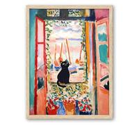 UPWOIGH Lienzo con marco de madera de roble natural, color beige, 30 x 40 cm, póster de Henri Matisse con diseño de gato negro con ventana abierta, bonita imagen de animal negro, divertido arte de