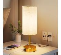UPXNBOR Lámpara de Mesita de Noche Control Táctil con Puertos de Carga USB-A y USB-C, Regulable en 3 Niveles, Pantalla de Lino, Lámpara de Mesa Pequeña, Cable de 1,5 m, Dorado(Bombilla E27 Incluida)