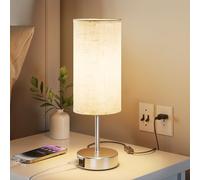 UPXNBOR Lámpara de Mesita de Noche Control Táctil con Puertos de Carga USB-A y USB-C, Regulable en 3 Niveles, Pantalla de Lino, Lámpara de Mesa Pequeña, Cable de 1,5 m, Plateado(Bombilla E27 Incluida)