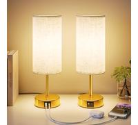 UPXNBOR Lámparas de Mesita de Noche Control Táctil Set de 2, con Puertos de Carga USB-A y USB-C, Regulables en 3 Niveles, Pantalla de Lino, con Cable de 1,5 m, Dorado (Bombilla E27 Incluida)