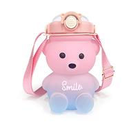 UPZAI Botella Niños Oso Kawaii: 1 Litro Botellas de Agua con Pajita y Correa - Cantimplora Niño Plástico sin BPA - Botella de Agua Antifugas para Escuela Deporte Acampar (Rosado-azul)