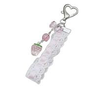 Uqezagpa Bonito dije de teléfono con diseño de fresa y mariposa, elegante llavero de encaje y cuentas, con adorno de fresa, artesanía hecha a mano, talla única, como se describe, como se describe