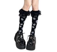 Uqezagpa Calcetines de encaje con volantes hasta la rodilla para mujer, con notas musicales estéticas japonesas y calavera, medias de tela de algodón suave para uso diario, calcetines con patrón de