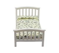 Uqezagpa Casa de muñecas 1/12 Cama individual con estampado de flores, ropa de cama de madera en miniatura para dormitorio, accesorios de exhibición de escena, muebles, casa de muñecas coleccionable