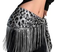 Uqezagpa Cinturón cruzado con lentejuelas y estampado de leopardo, falda larga con flecos para danza del vientre, bufanda de cadera para espectáculos y festivales de música, cinturón de vientre de