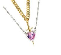 Uqezagpa Collar con colgante de corazón de cristal y espadas de circonita para mujeres y hombres, cadena ajustable chapada en plata/oro, 455cm, Metal