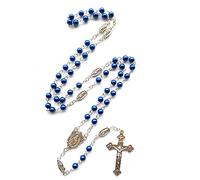 Uqezagpa Collar de rosario de cristal con cuentas de cristal, regalo católico con medallas, 6 mm, cuentas de oración azul, joyería católica, collar de cadena de cuentas para mujeres y hombres