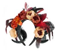 Uqezagpa Elegante diadema punk con rosas artificiales, diseño de cuerno de oveja, adecuada para fiestas temáticas de cosplay de mujeres y accesorios diarios, diademas de cuerno de diablo rosa