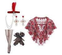 Uqezagpa Juego completo de accesorios 6 en 1 de los años 20 con chal de lentejuelas y juego de joyas para celebraciones de los años veinte, rosso, Talla única