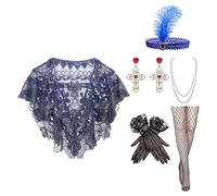 Uqezagpa Juego completo de accesorios 6 en 1 de los años 20 con chal de lentejuelas y juego de joyas para celebraciones de los años veinte, azul, Talla única