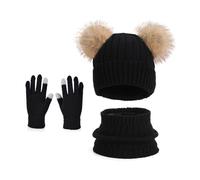 Uqezagpa Juego de gorro de invierno para niños, bufanda, guantes con pompones, decoración transpirable, accesorios de punto de fibra acrílica para esquí, ciclismo, gorro de invierno para niños