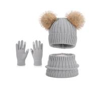Uqezagpa Juego de gorro de invierno para niños, bufanda, guantes con pompones, decoración transpirable, accesorios de punto de fibra acrílica para esquí, ciclismo, gorro de invierno para niños
