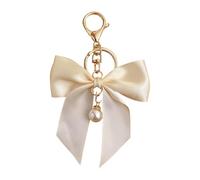 Uqezagpa Llavero de cinta de perlas de imitación para bolsos, práctico soporte de aleación, llavero de moda con lazos suaves, llavero de cinta colgante, beige, Pearl Pendant