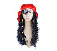 Uqezagpa Peluca pirata con bufanda y parche para los ojos, accesorio de disfraz negro rizado para fiesta de Halloween, carnavales, largo rizado, pirata negro con parche en los ojos, accesorios de