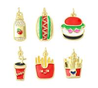 UR URLIFEHALL 6 dijes de latón esmaltados para comida de perro caliente, hamburguesa, patatas fritas, para hacer joyas, llavero, manualidades, hogar, fiesta, decoración