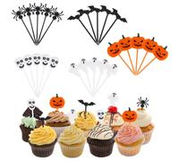 Uranbee 50 adornos de plástico para cupcakes de Halloween, calabazas, fantasmas, arañas, murciélagos, esqueletos, palillos de comida para decoraciones de Halloween