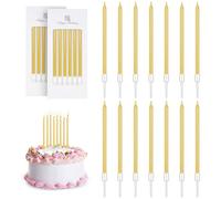 URAQT 12 Velas de Cumpleaños, Velas de Cumpleaños de Varilla Larga Dorada en Soportes, Velas Largas y Delgadas para Cupcakes para Cumpleaños, Bodas, Baby Shower, Decoración de Fiestas, Graduación