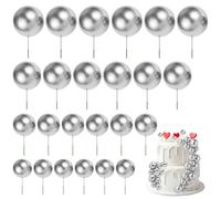 URAQT 24 Piezas de Bolas para decoración de Tartas, Mini Globos de decoración, Adornos de Bolas para Pasteles, Topper Cake Bola, palitos de Tartas para Bodas, Fiestas, cumpleaños (Plata)