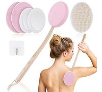URAQT Aplicador Crema Espalda,7 Pack Aplicador Loción Mango Largo,Rosa | 2 en 1 Cepillos de Cuerpo para Autoaplicación y Ducha con 4 Almohadillas de Esponjas, Esponja Exfoliante de Lufa