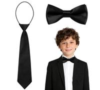 URAQT Corbata y Pajarita Preatada para Niños, Conjunto de 2 piezas de Corbata y Pajarita de Satén Infantil, Corbatas con Cordón Elástico, Pajaritas con Hebilla Ajustables, Elegante y Form,Negro-2 en 1