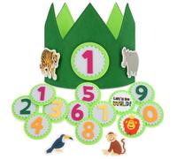 URAQT Corona Cumpleaños Animales Selva, Corona de Infantil Cumpleañoscon Números Intercambiables del 0 al 9, Coronas Cumpleaños 1 Año Ajustable, Decoracion Cumple Jungla Aniversario Años o Meses