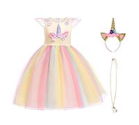 URAQT Disfraz Unicornio Niña, 3pcs Vestido Princesa Con Diadema y Collar, Para Diario, Cosplay, Halloween, Carnaval, Fiesta, Boda, 120cm