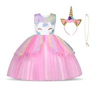 URAQT Disfraz Unicornio Niña, 3pcs Vestido Princesa Con Diadema y Collar, Para Diario o Cosplay, Halloween, Carnaval, Fiesta, Boda, 120cm