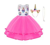 URAQT Disfraz Unicornio Niña, 3pcs Vestido Princesa Con Diadema y Collar, Para Diario o Cosplay, Halloween, Carnaval, Fiesta, Boda, 110cm