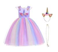 URAQT Disfraz Unicornio Niña, 3pcs Vestido Princesa Con Diadema y Collar, Para Diario o Cosplay, Halloween, Carnaval, Fiesta, Boda, 120cm