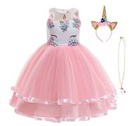 URAQT Disfraz Unicornio Princesa, 3pcs con Vestidos, Diadema y Collar, para Diario o Cosplay, para Carnaval Fiesta Boda, 150cm