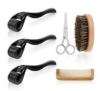 URAQT Kit de Crecimiento de Barba, 6pcs Kit Barba Cuidado para Hombres con 0.5/1/1.5mm Dermaroller Microagujas y Peine, Tijeras, Cepillo para Barba de Estimular Crecimiento de Barba y Vello