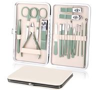 URAQT Manicura Pedicura Set, 18 Piezas Cortaúñas, Tijeras de Uñas con Herramientas Remover Cutícula, Acero Inoxidable, Profesional Cortaúñas para Viajes y hogar, con Caja de Cuero, Verde