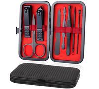 URAQT Manicura Pedicura Set, 8 Piezas Cortaúñas, Tijeras de Uñas con Herramientas Remover Cutícula, Acero Inoxidable, Profesional Cortaúñas para Viajes y hogar, con Caja de Cuero, Negro y rojo
