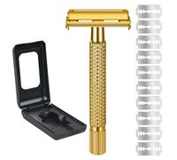 URAQT Maquinilla de Afeitar Clásica, Set de Afeitado con 10 Cuchillas de Recambio, Afeitadora de Seguridad Manual con Espejo Integrado, Tradicional Adecuado para Mujeres y Hombres, Dorado