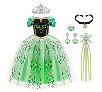 URAQT Niña Princesa Coronación Vestido, Disfraz con Varita Corona Accesorios, Vestido de Cosplay, Cumpleaños Fiesta Cosplay Carnaval Cosplay Halloween Traje, Talla 3-4 años, Verde