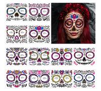 URAQT Pegatinas Halloween, 12 Hojas Tatuajes Temporales Zombie Impermeables | para Adultos Cara de Cráneo, Maquillaje y Día de los Muertos