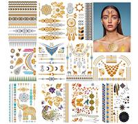 URAQT Tatuajes Dorados, 12Hojas Tatuajes Temporales Adultos Metálicos Brillante y Resistente, Tatoos Temporales Adultos Impermeables, Tatuajes Falsos para Halloween Verano Playa Festival Música Fiesta