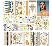 URAQT Tatuajes Dorados, 14Hojas Tatuajes Temporales Adultos Metálicos Brillante y Resistente, Tatoos Temporales Adultos Impermeables, Tatuajes Falsos para Halloween Verano Playa Festival Música Fiesta