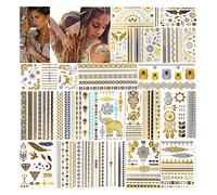 URAQT Tatuajes Temporales Metálicos, 20 Hojas de Papel de Tatuaje a Prueba de Agua con 200 Diseños, Joyería de Plata Falsa Extraíble de Oro de Moda Pegatina de Arte Corporal para Adultos y Niños