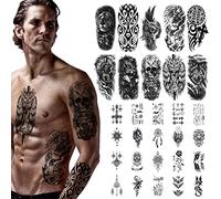 URAQT Tatuajes temporales negros, 10 hojas grandes de lobo león esqueleto pegatinas con 20 hojas de tatuaje falso impermeable pequeño, tatuaje temporal para brazo, cuello, cara, tatuajes temporales