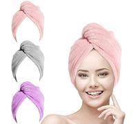 URAQT Toallas para Secar el Pelo 3pcs, Toalla Turbante para el Pelo, Cabello Turbante de Secado rápido Coral Fleece con Botón del Abrigo, para en EUR Ducha, SPA, Maquillaje, (Gris, Rosado, Púrpura)