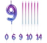 URAQT Vela de cumpleaños con forma 3D, vela de pastel de cumpleaños, vela de cumpleaños número 9, decoración degradada morada, adecuada para cumpleaños, aniversario, boda, fiesta, fiesta de graduación