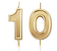 URAQT Velas de Cumpleaños Número 10, 2PCS Vela número 10,Velas Doradas,Velas de Pastel Cumpleaños, Velas Doradas para Cumpleaños, Aniversario, Fiesta Temática