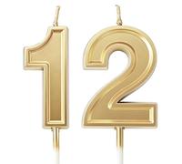 URAQT Velas de Cumpleaños Número 12, 2PCS Vela número 12,Velas Doradas,Velas de Pastel Cumpleaños, Velas Doradas para Cumpleaños, Aniversario, Fiesta Temática