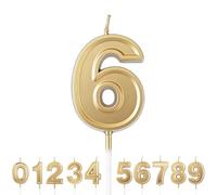 URAQT Velas de Cumpleaños Número 6, vela 3D número 6 para paste,Velas Doradas para feliz cumpleaños, decoración de pastel, Aniversario