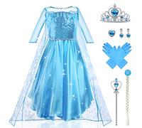 URAQT Vestidos Princesa, Disfraz de Princesa Niña con Accesorios, Traje Princesas Niñas con Capa de Copos de Nieve Brillantes, Disfraz de Halloween para Niña de Cosplay, Cumpleaños, Carnaval, 130cm