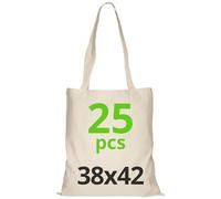 URBAN 5884 Bolsa de Algodón 38X42 cm, Paquete Sin Impresión, Asa Larga, Tejido Resistente, Bolsas de la compra reutilizables para imprimir o pintar, Natural, 25