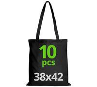 URBAN 5884 Bolsa de Algodón 38X42 cm, Paquete de Bolsas Sin Impresión, Asa Larga, Tejido Resistente, Bolsas de la compra reutilizables para imprimir o pintar, Negro, 10