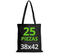 URBAN 5884 Bolsa de Algodón 38X42 cm, Paquete de Bolsas Sin Impresión, Asa Larga, Tejido Resistente, Bolsas de la compra reutilizables para imprimir o pintar, Negro, 25
